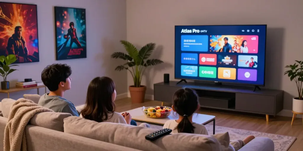 Famille regardant Atlas pro ontv sur un grand écran, ambiance décontractée.