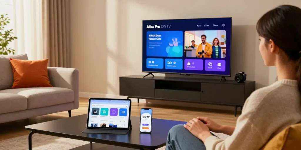 Application Atlas Pro en action dans un salon moderne, montrant une expérience de streaming immersive.