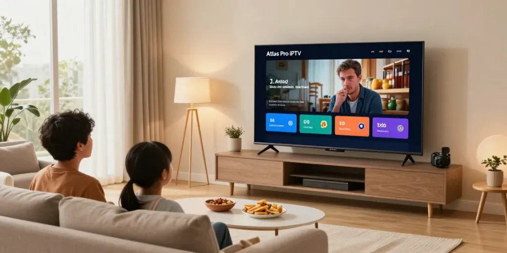 Famille profitant de l'application atlas pro iptv sur un téléviseur dans un salon moderne.
