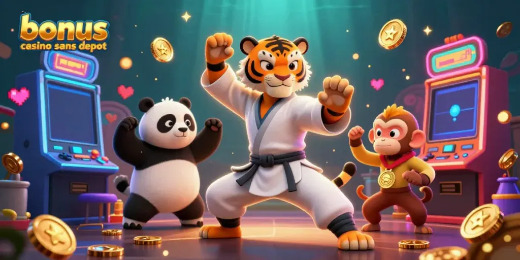 Jouez avec le bonus casino sans dépôt dans une scène dynamique illustrant un tigre et un panda.