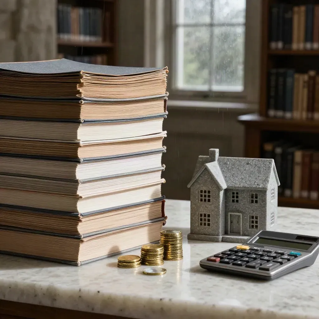 Dossiers bancaires, maison miniature en pierre, pièces et calculatrice sur travertin humide.