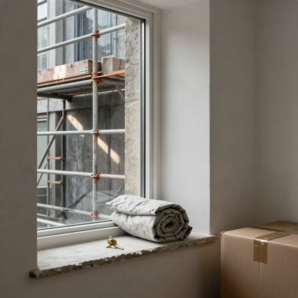 Coin d’appartement neuf avec boîte, couverture roulée, trousseau et lumière du matin