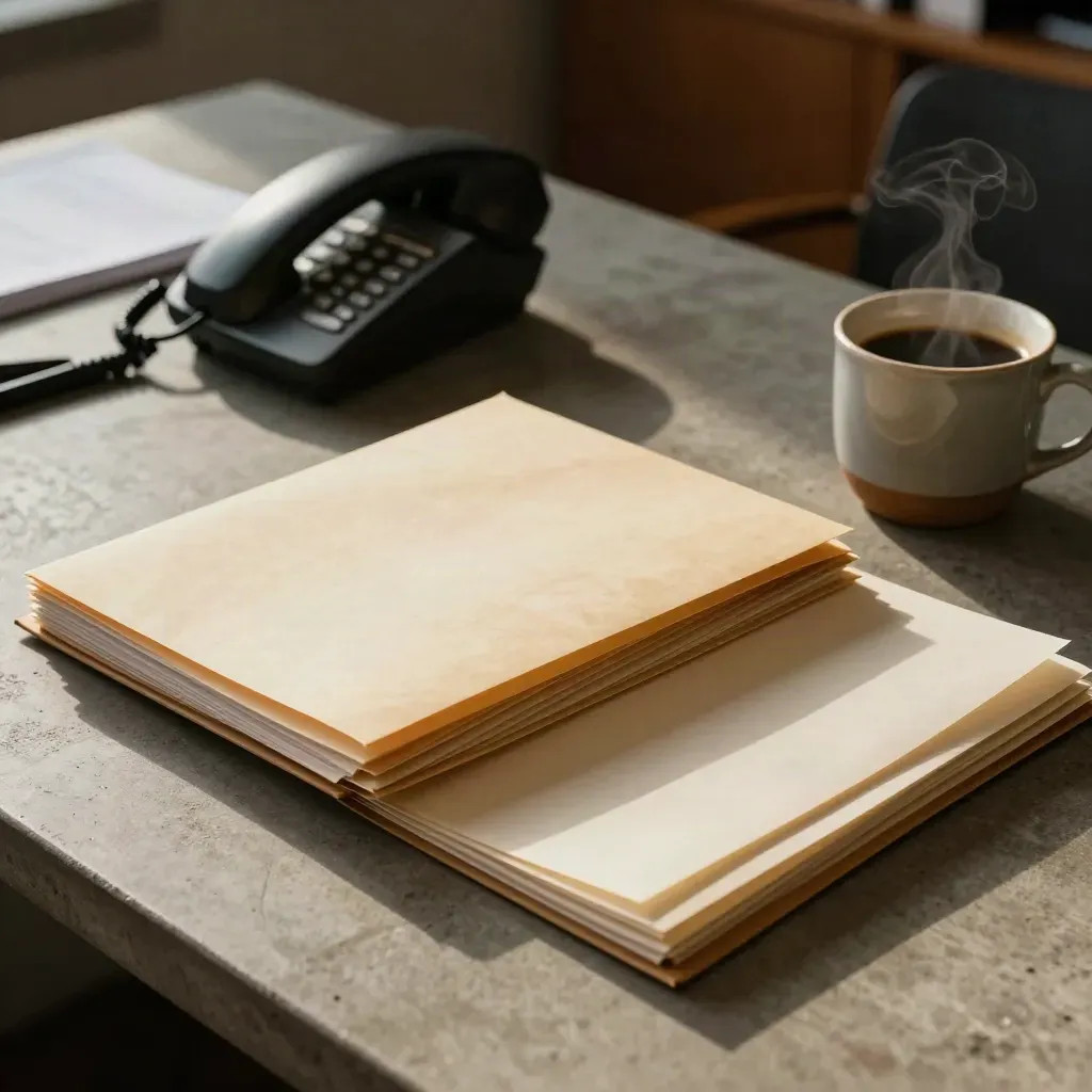 Un bureau financier du soir avec dossiers, téléphone retourné, café fumant et lumière chaude.