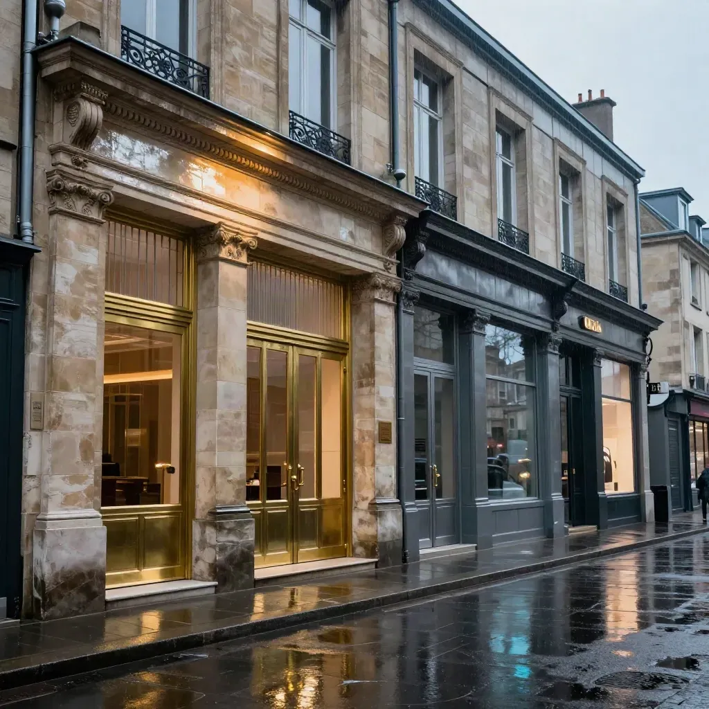 Façades bancaires françaises sur rue mouillée, pluie du soir et reflets bleutés.