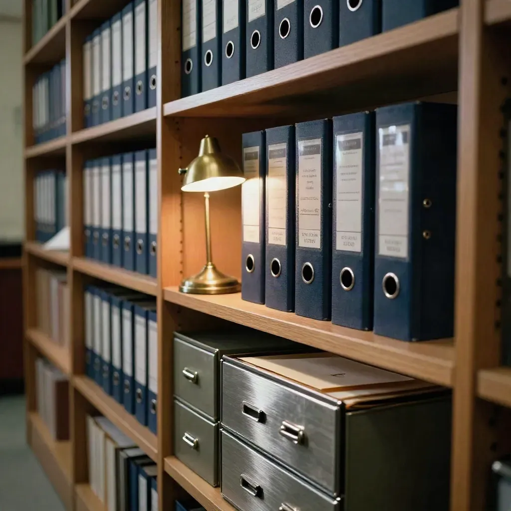 Archives bancaires: classeurs scellés, tiroirs métalliques, lampe chaude, enveloppe retournée.
