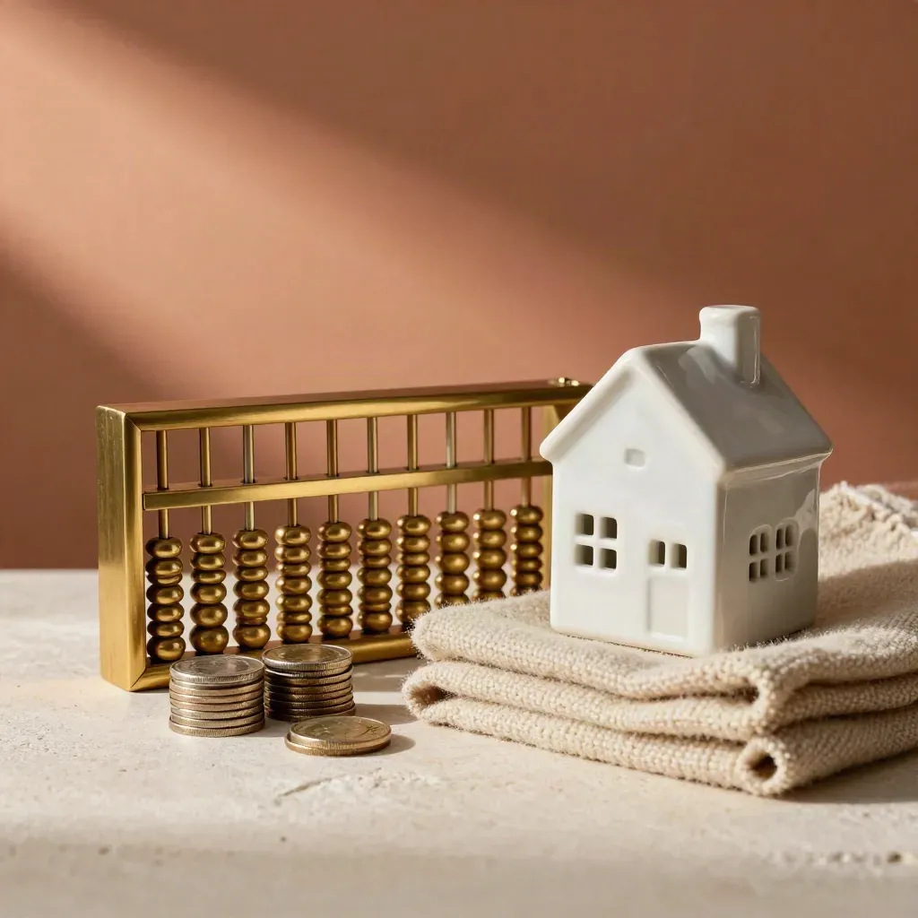 Abaque en laiton, maison miniature, piles de pièces et couverture pliée sur pierre claire.