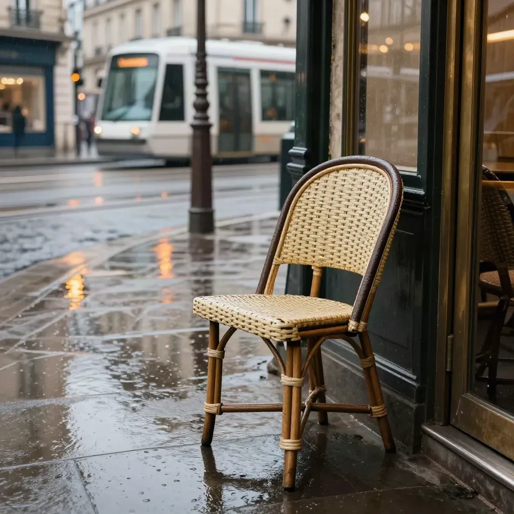 Chaussée parisienne mouillée, chaise de café fermée, reflets de banque et de tram sous la pluie.