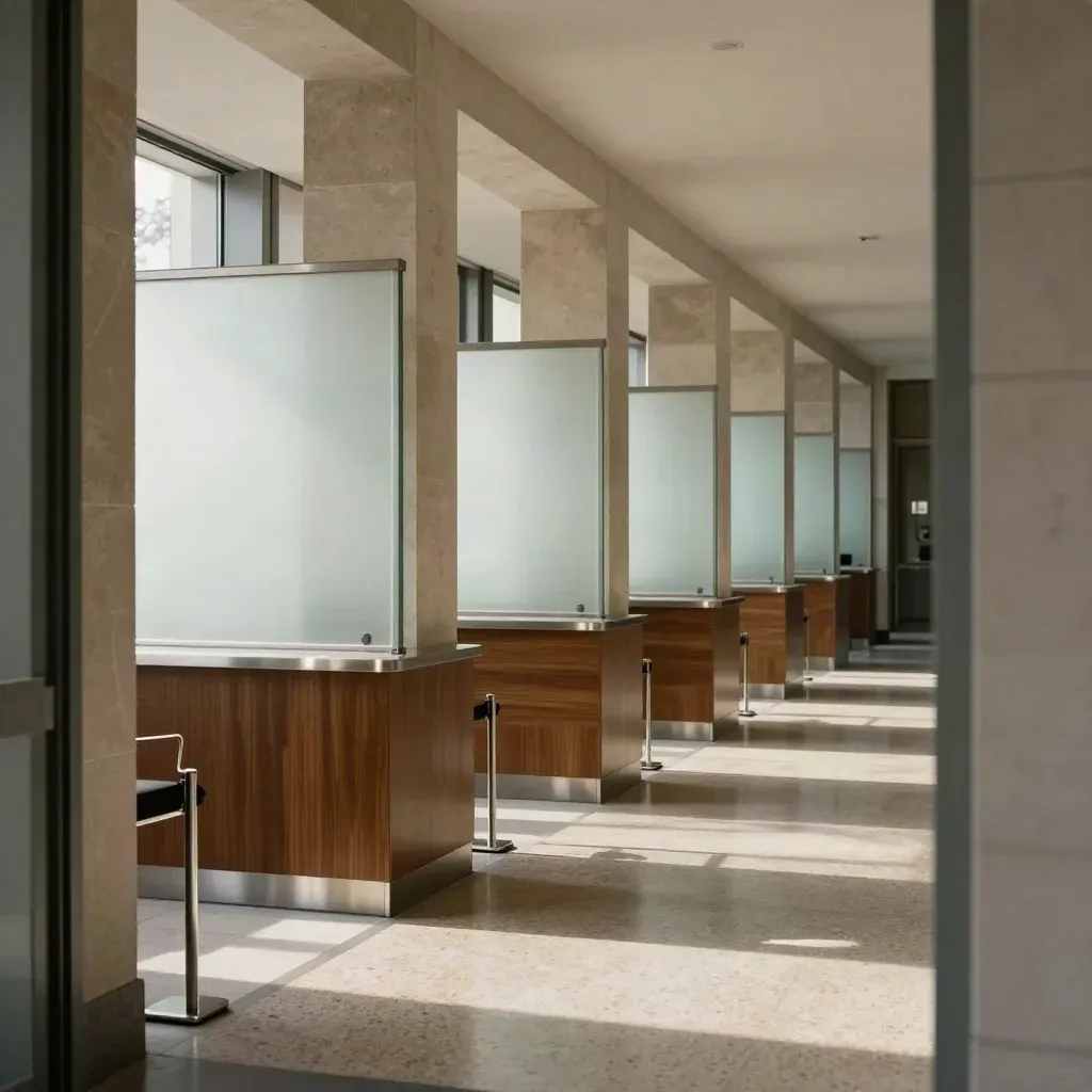 Intérieur silencieux d’une agence bancaire avec guichets alignés et colonnes de pierre.