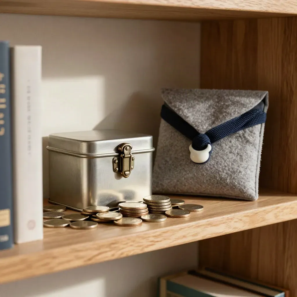 Étagère de maison avec pièces empilées, tin verrouillé et pochette en laine, lumière du matin.