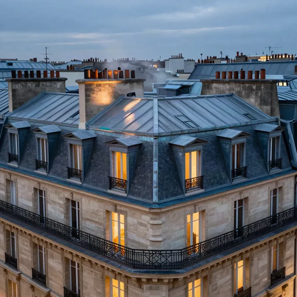 Toits haussmanniens et pierre claire de banque à Paris, dans la brume du soir.