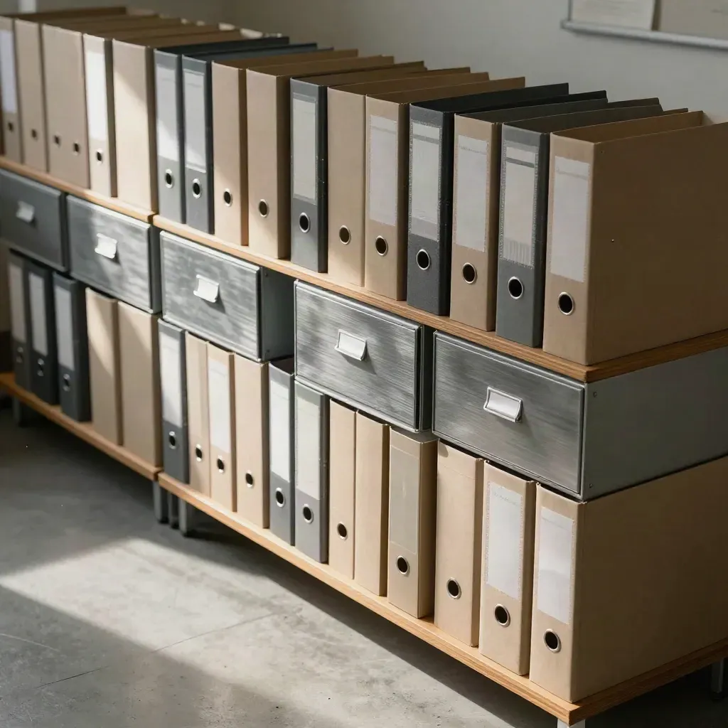 Classeurs réglementaires et tiroirs métalliques alignés dans une salle de conformité calme.