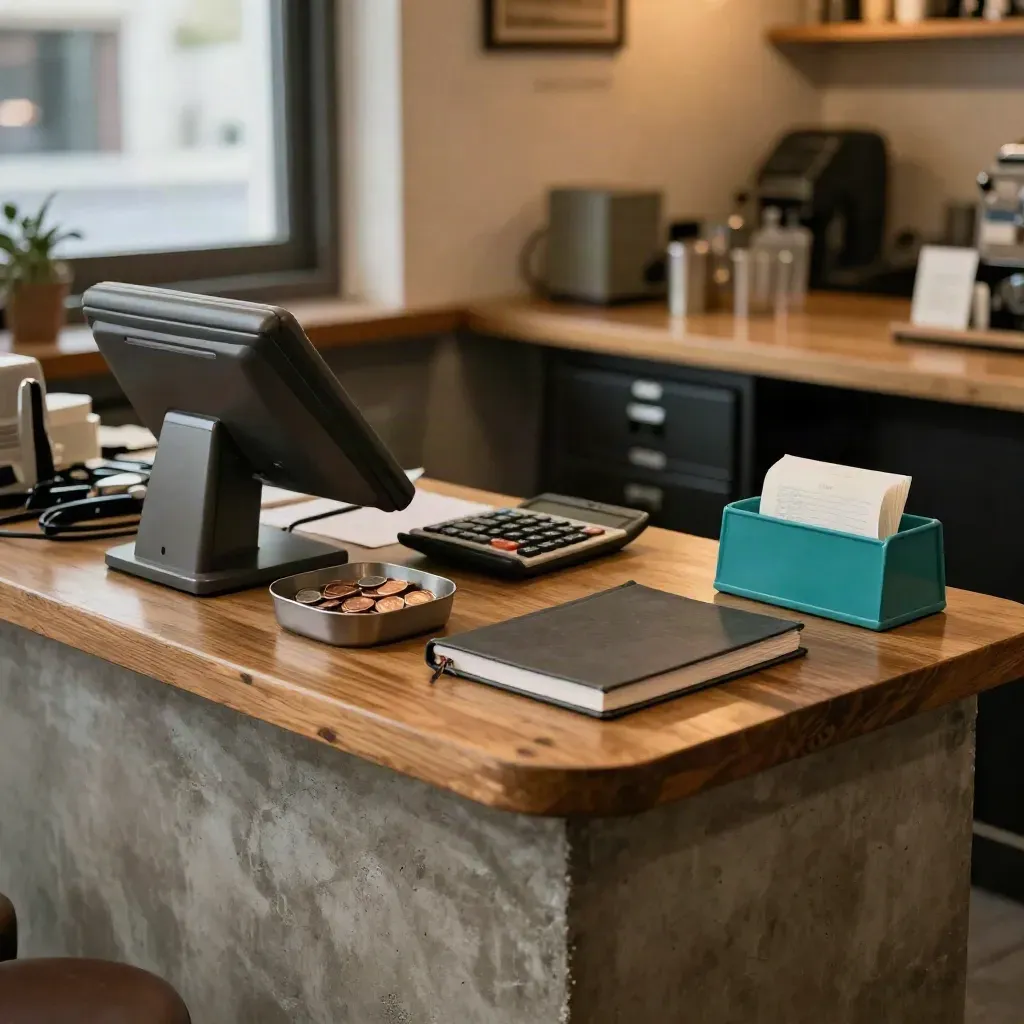 Coin de caisse PME au crépuscule, terminal POS, pièces, calculatrice et carnet fermé.