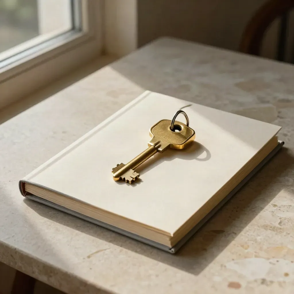Clé, cadenas et dossier d’assurance posés sur une table en pierre claire, lumière chaude.