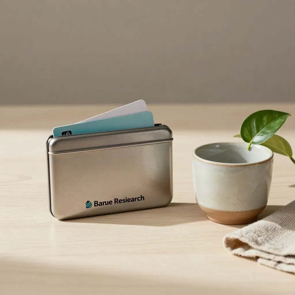 Boîtier métallique pour cartes pro, tasse céramique et feuille de pothos sur bois pâle.