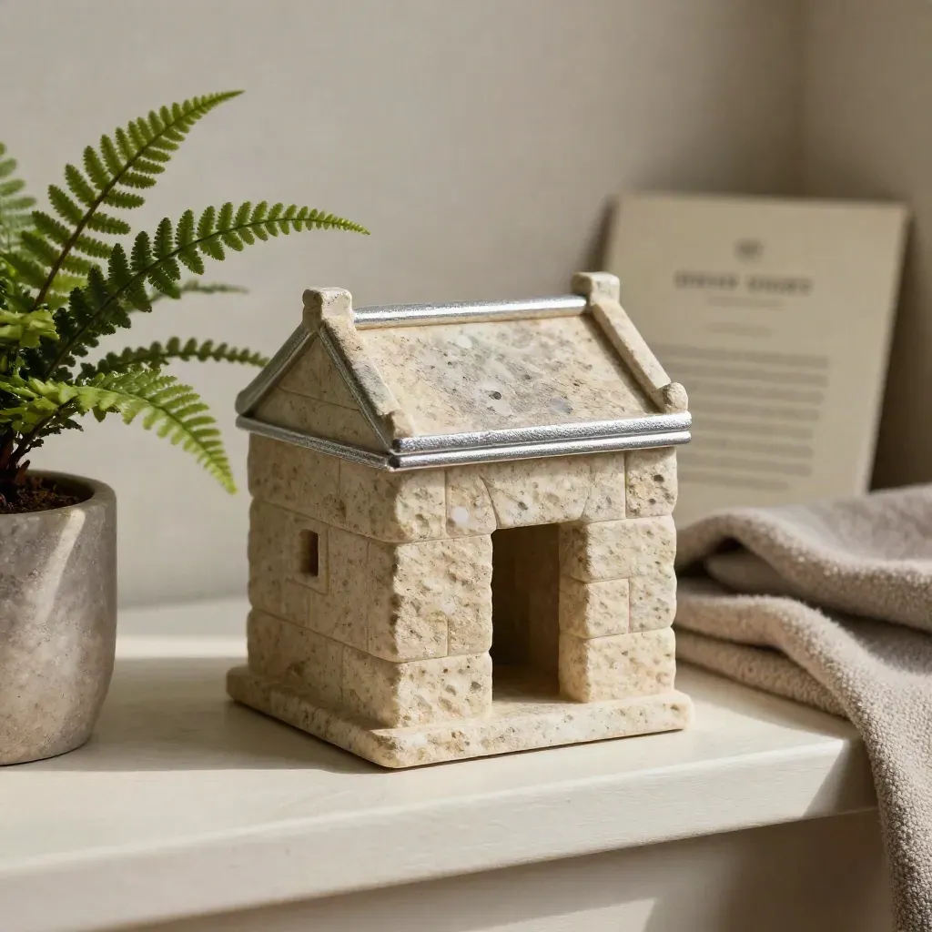 Maquette en calcaire d’une banque régionale, fougère et drap de laine sur fond clair.